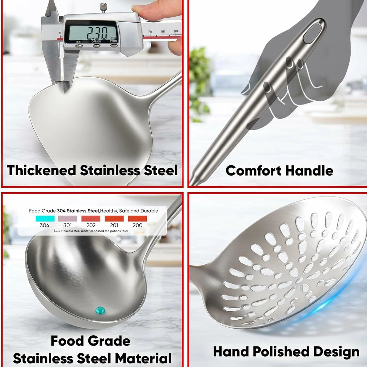 9-piece cooking utensil set, 304 stainless steel kitchen utensil set, metal kitchen accessories, including soup spoon, slotted spoon, pasta spoon and spatula, dishwasher safe.