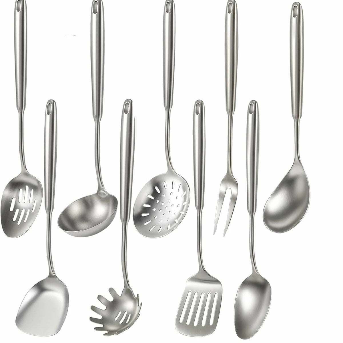 9-piece cooking utensil set, 304 stainless steel kitchen utensil set, metal kitchen accessories, including soup spoon, slotted spoon, pasta spoon and spatula, dishwasher safe.
