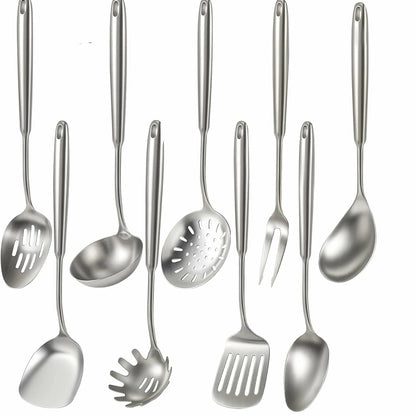 9-piece cooking utensil set, 304 stainless steel kitchen utensil set, metal kitchen accessories, including soup spoon, slotted spoon, pasta spoon and spatula, dishwasher safe.