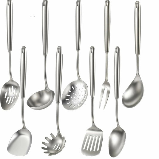 9-piece cooking utensil set, 304 stainless steel kitchen utensil set, metal kitchen accessories, including soup spoon, slotted spoon, pasta spoon and spatula, dishwasher safe.