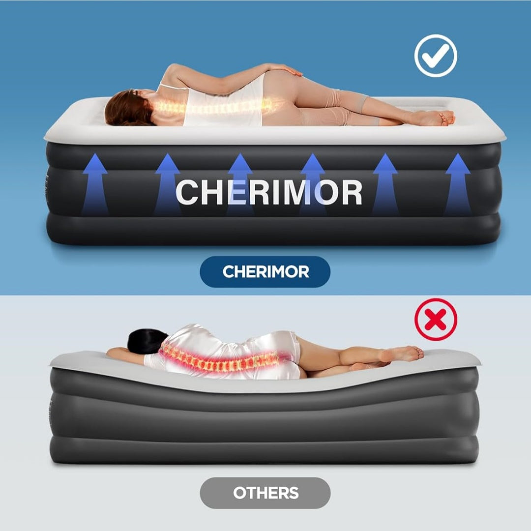Inflatable mattress with built-in air pump, 18-inch booster layer, 800 lbs weight capacity, inflates in 3 minutes.