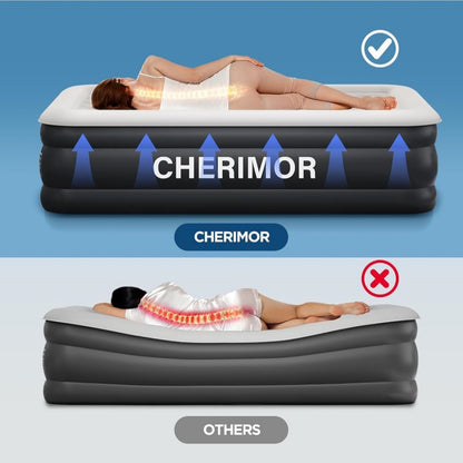 Inflatable mattress with built-in air pump, 18-inch booster layer, 800 lbs weight capacity, inflates in 3 minutes.