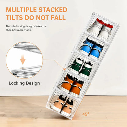 12-pack large shoeboxes, transparent, with magnetic doors, stackable, perfect for displaying sneakers, easy to assemble, and fits up to US size 12 shoes.