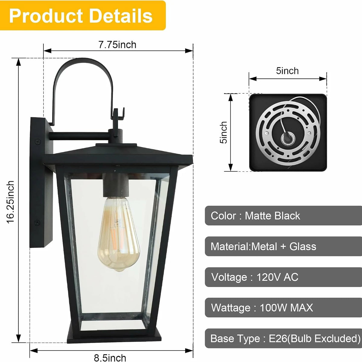 Outdoor wall light fixture, lantern-style frame, 16 1/8 inches, durable metal exterior light with black gradient style, clear glass.