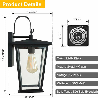 Outdoor wall light fixture, lantern-style frame, 16 1/8 inches, durable metal exterior light with black gradient style, clear glass.