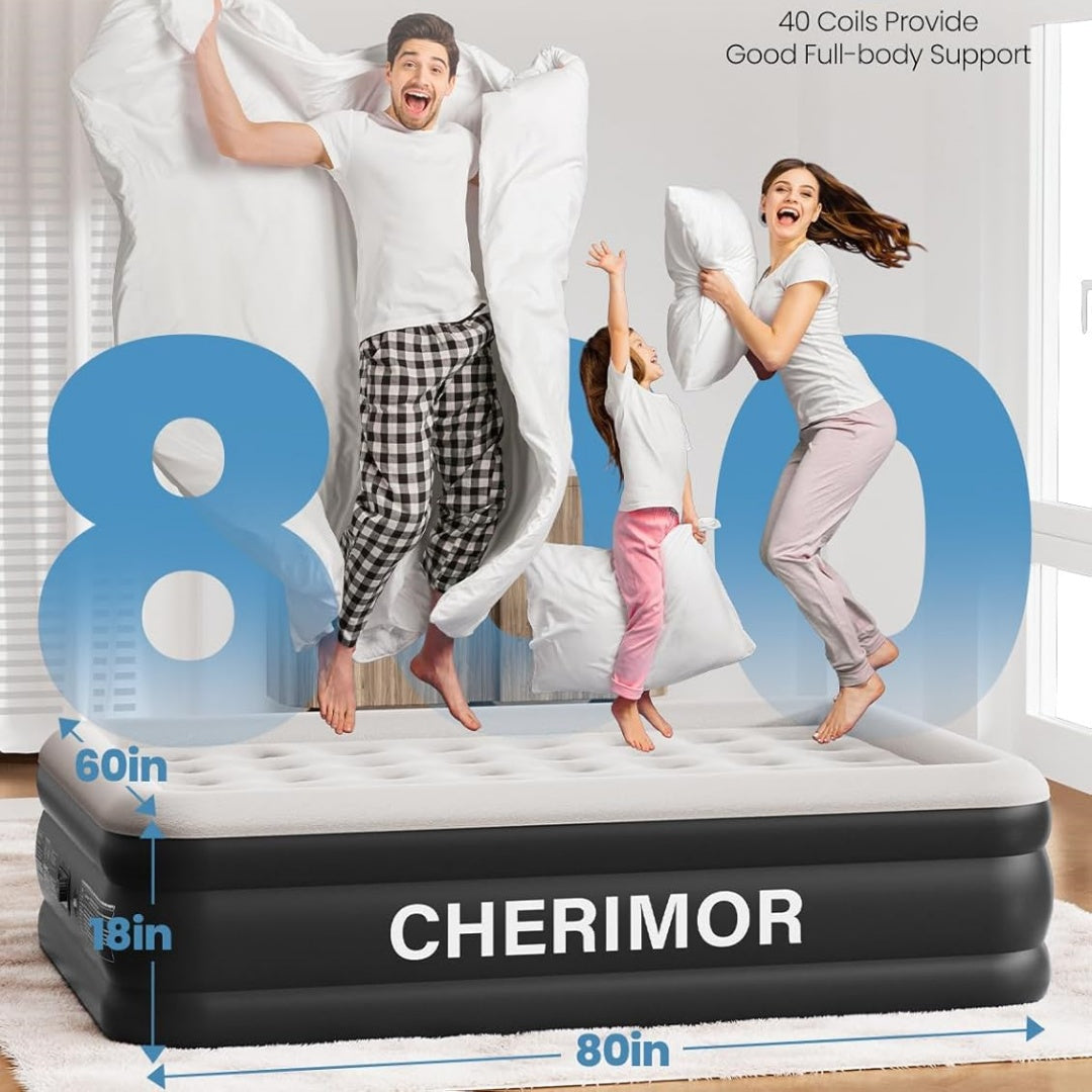 Inflatable mattress with built-in air pump, 18-inch booster layer, 800 lbs weight capacity, inflates in 3 minutes.