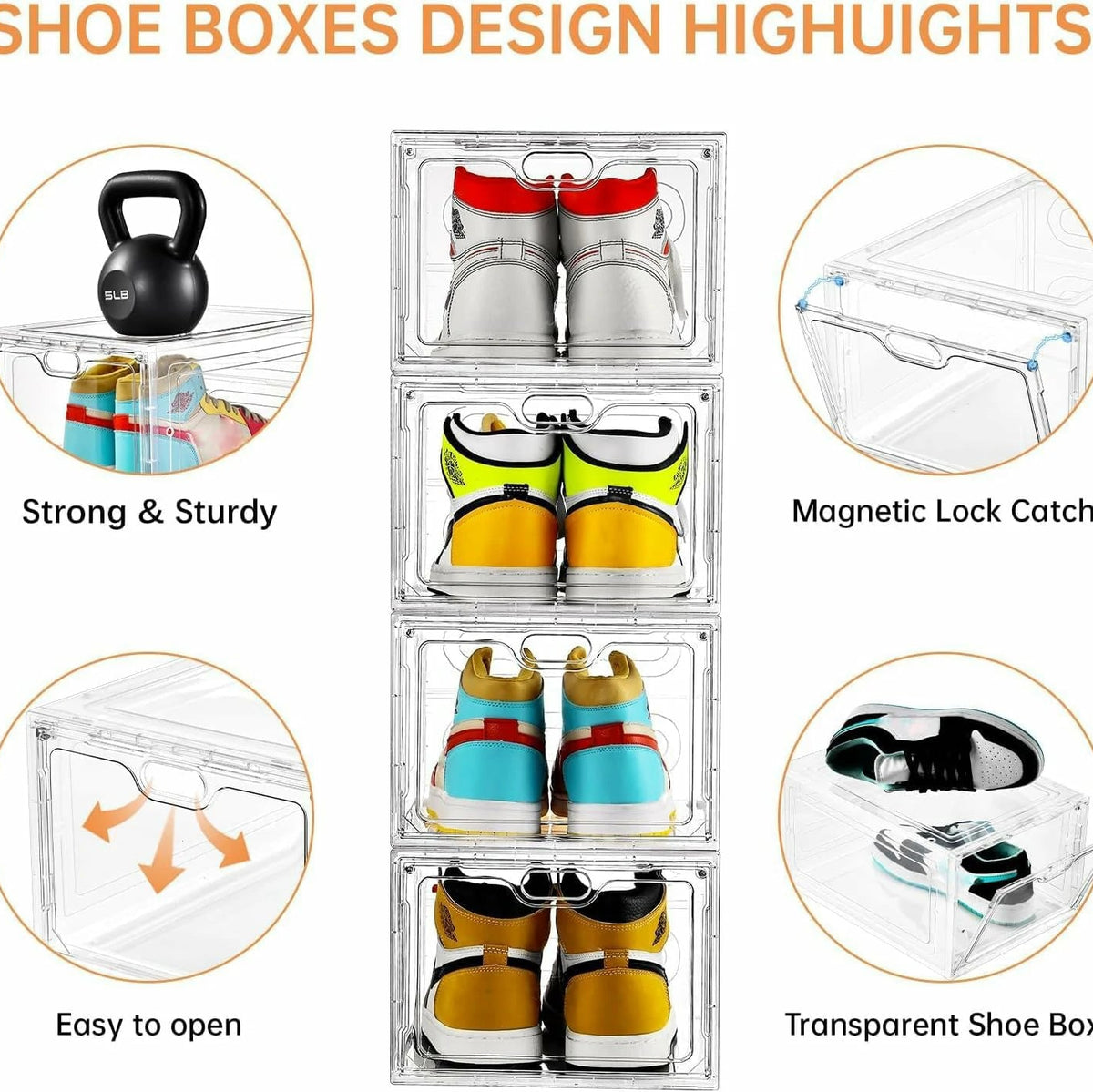 12-pack large shoeboxes, transparent, with magnetic doors, stackable, perfect for displaying sneakers, easy to assemble, and fits up to US size 12 shoes.