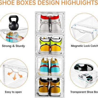 12-pack large shoeboxes, transparent, with magnetic doors, stackable, perfect for displaying sneakers, easy to assemble, and fits up to US size 12 shoes.