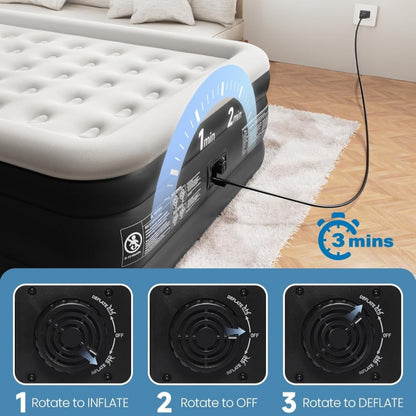 Inflatable mattress with built-in air pump, 18-inch booster layer, 800 lbs weight capacity, inflates in 3 minutes.