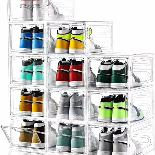 12-pack large shoeboxes, transparent, with magnetic doors, stackable, perfect for displaying sneakers, easy to assemble, and fits up to US size 12 shoes.