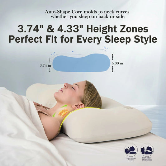 Cervical pillow - a side-sleeping pillow that relieves neck pain with a soft, ergonomic memory foam core.