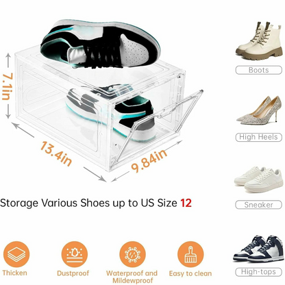 12-pack large shoeboxes, transparent, with magnetic doors, stackable, perfect for displaying sneakers, easy to assemble, and fits up to US size 12 shoes.