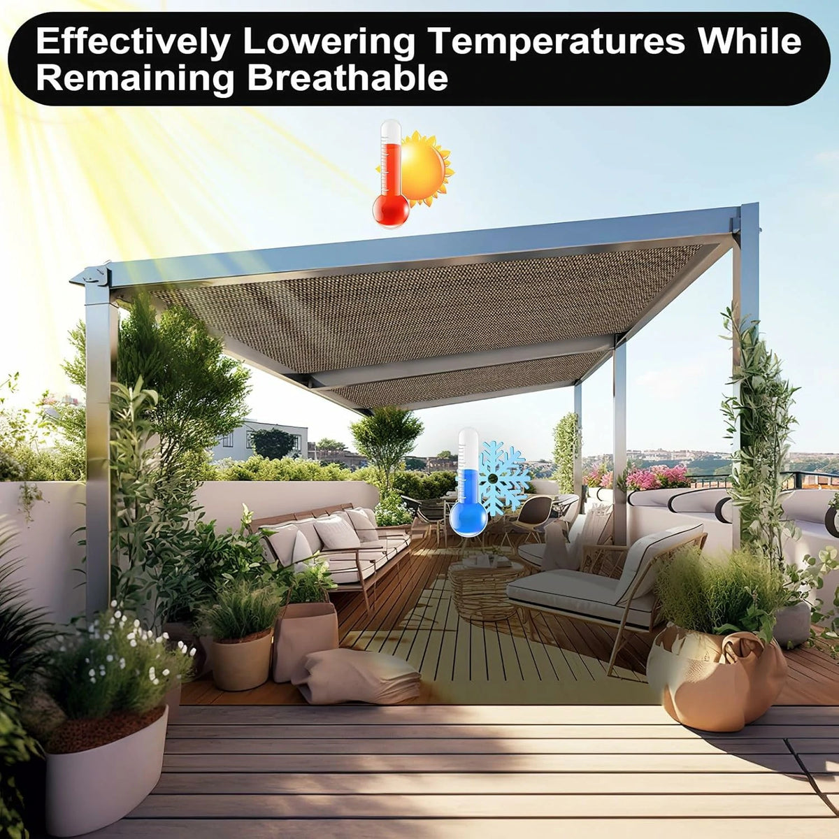 90% light reduction shade cloth, 12 x 20 ft shade awning with perforations, suitable for patios, outdoor areas, gardens, and backyards, mocha color.