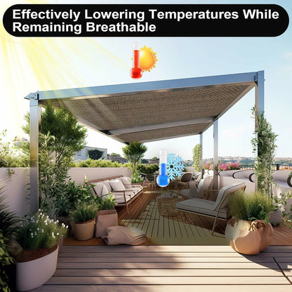 90% light reduction shade cloth, 12 x 20 ft shade awning with perforations, suitable for patios, outdoor areas, gardens, and backyards, mocha color.