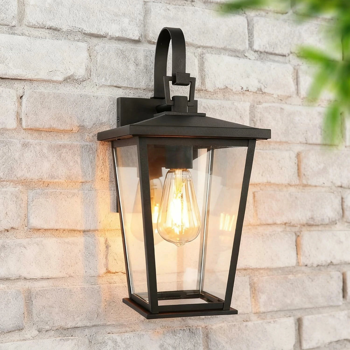 Outdoor wall light fixture, lantern-style frame, 16 1/8 inches, durable metal exterior light with black gradient style, clear glass.