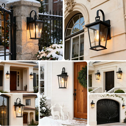 Outdoor wall light fixture, lantern-style frame, 16 1/8 inches, durable metal exterior light with black gradient style, clear glass.