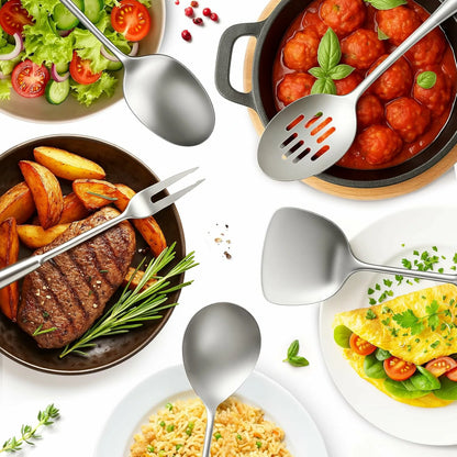 9-piece cooking utensil set, 304 stainless steel kitchen utensil set, metal kitchen accessories, including soup spoon, slotted spoon, pasta spoon and spatula, dishwasher safe.
