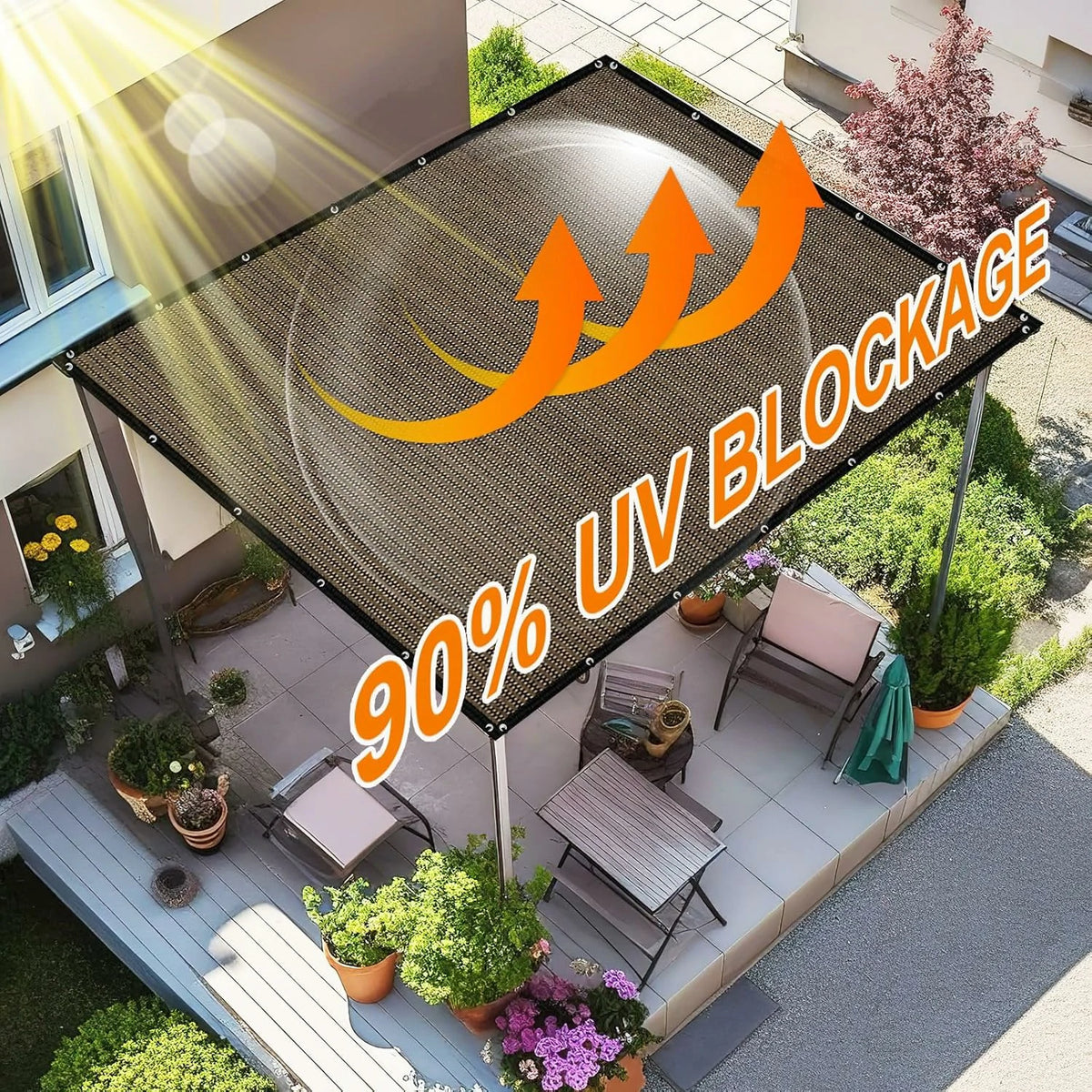 90% light reduction shade cloth, 12 x 20 ft shade awning with perforations, suitable for patios, outdoor areas, gardens, and backyards, mocha color.