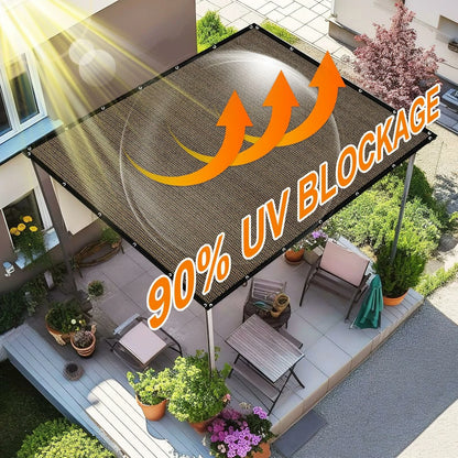 90% light reduction shade cloth, 12 x 20 ft shade awning with perforations, suitable for patios, outdoor areas, gardens, and backyards, mocha color.