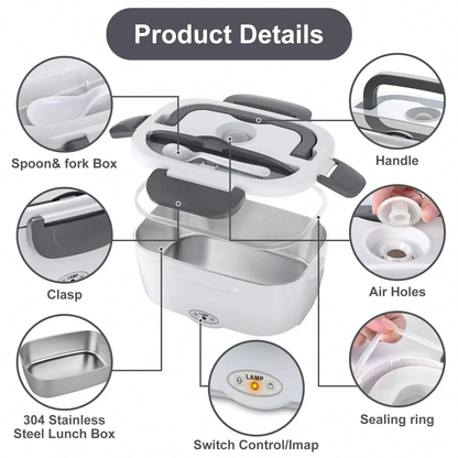 3‑in‑1 Portable Electric Heated Lunch Box | 12V/24V Car /110V Home, 2 Stainless Steel Food Containers for Work Camping Travel