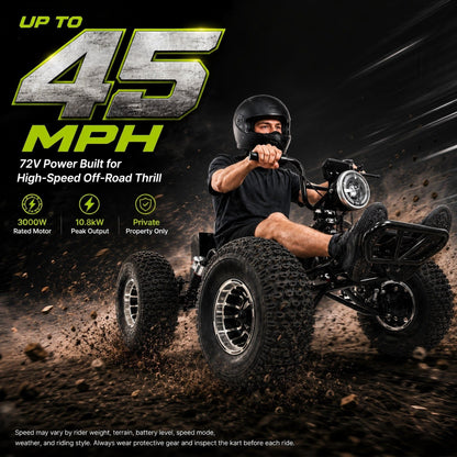 72V 3000W Electric Off‑Road Go Kart｜Peak 10.8kW, 45 MPH Top Speed, 26Ah Battery, 37‑Mile Max Range for Adults & Teens