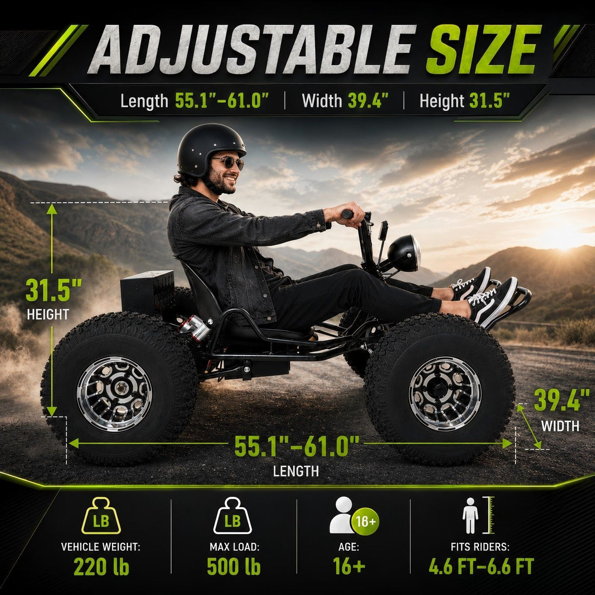 72V 3000W Electric Off‑Road Go Kart｜Peak 10.8kW, 45 MPH Top Speed, 26Ah Battery, 37‑Mile Max Range for Adults & Teens