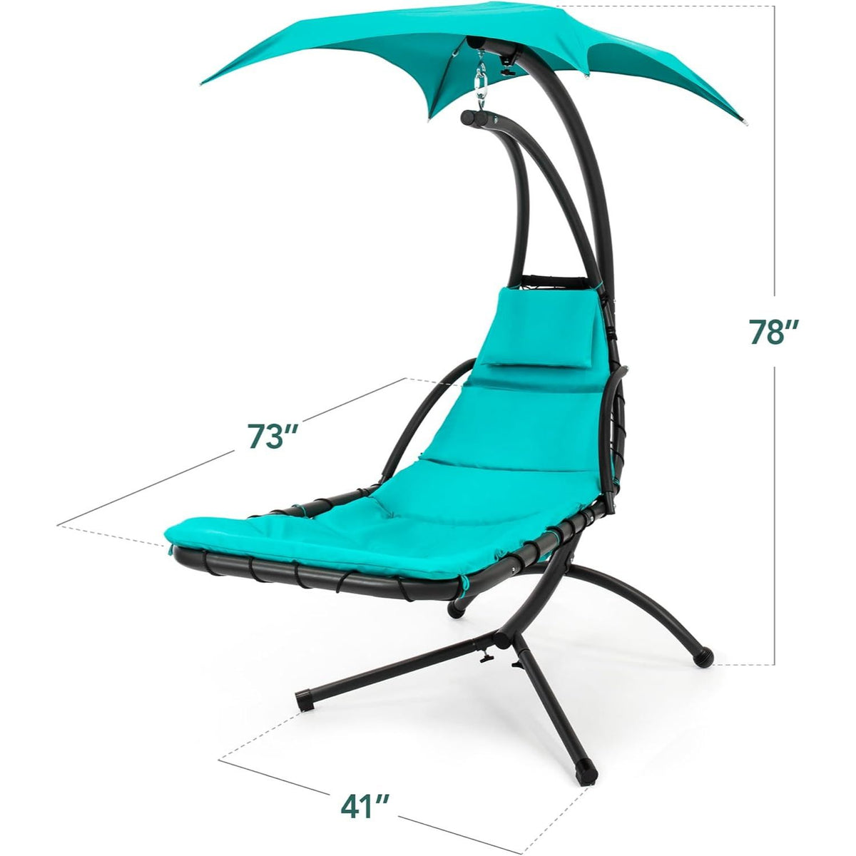 Hanging LED‑Lit Curved Chaise Swing Lounge Chair | Removable Canopy, Steel Stand, Teal
