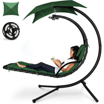 Hanging LED‑Lit Curved Chaise Swing Lounge Chair | Removable Canopy, Steel Stand, Teal