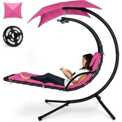 Hanging LED‑Lit Curved Chaise Swing Lounge Chair | Removable Canopy, Steel Stand, Teal
