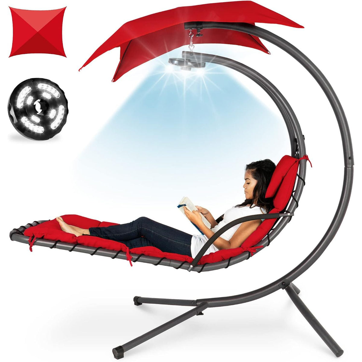 Hanging LED‑Lit Curved Chaise Swing Lounge Chair | Removable Canopy, Steel Stand, Teal