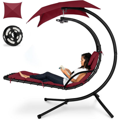 Hanging LED‑Lit Curved Chaise Swing Lounge Chair | Removable Canopy, Steel Stand, Teal