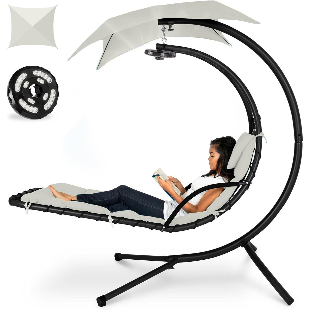 Hanging LED‑Lit Curved Chaise Swing Lounge Chair | Removable Canopy, Steel Stand, Teal
