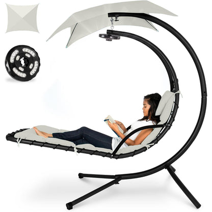 Hanging LED‑Lit Curved Chaise Swing Lounge Chair | Removable Canopy, Steel Stand, Teal