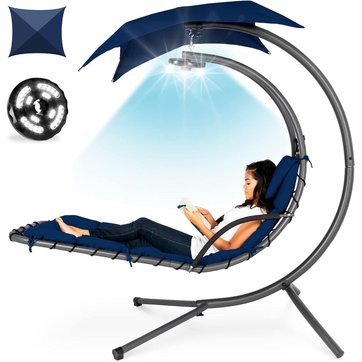 Hanging LED‑Lit Curved Chaise Swing Lounge Chair | Removable Canopy, Steel Stand, Teal