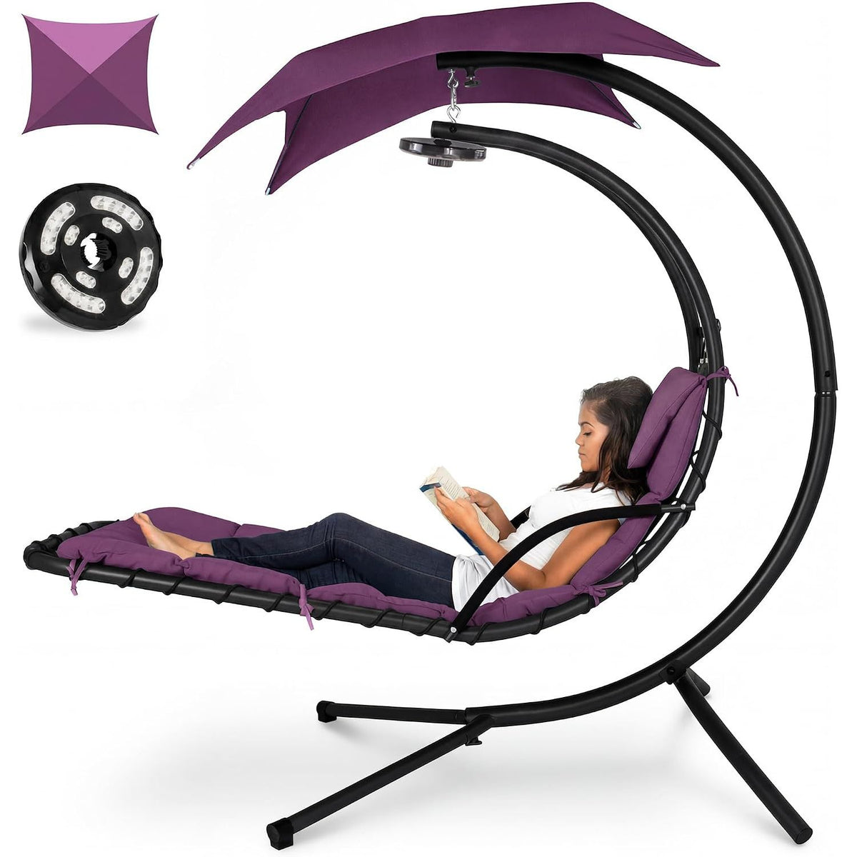 Hanging LED‑Lit Curved Chaise Swing Lounge Chair | Removable Canopy, Steel Stand, Teal