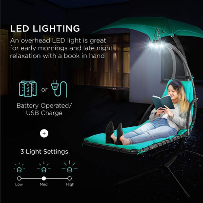 Hanging LED‑Lit Curved Chaise Swing Lounge Chair | Removable Canopy, Steel Stand, Teal