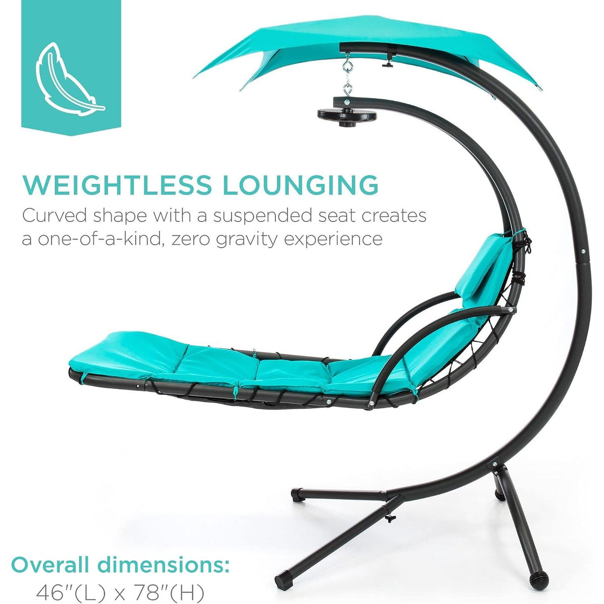 Hanging LED‑Lit Curved Chaise Swing Lounge Chair | Removable Canopy, Steel Stand, Teal