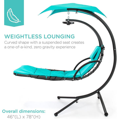 Hanging LED‑Lit Curved Chaise Swing Lounge Chair | Removable Canopy, Steel Stand, Teal