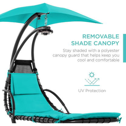 Hanging LED‑Lit Curved Chaise Swing Lounge Chair | Removable Canopy, Steel Stand, Teal