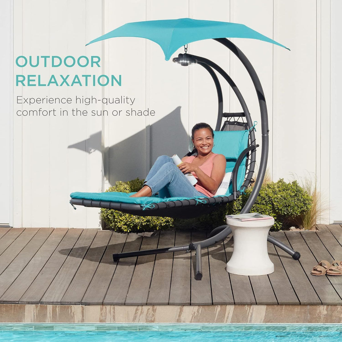 Hanging LED‑Lit Curved Chaise Swing Lounge Chair | Removable Canopy, Steel Stand, Teal