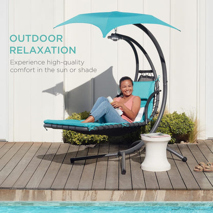 Hanging LED‑Lit Curved Chaise Swing Lounge Chair | Removable Canopy, Steel Stand, Teal