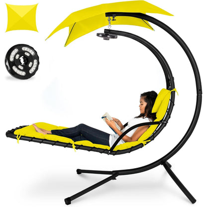 Hanging LED‑Lit Curved Chaise Swing Lounge Chair | Removable Canopy, Steel Stand, Teal