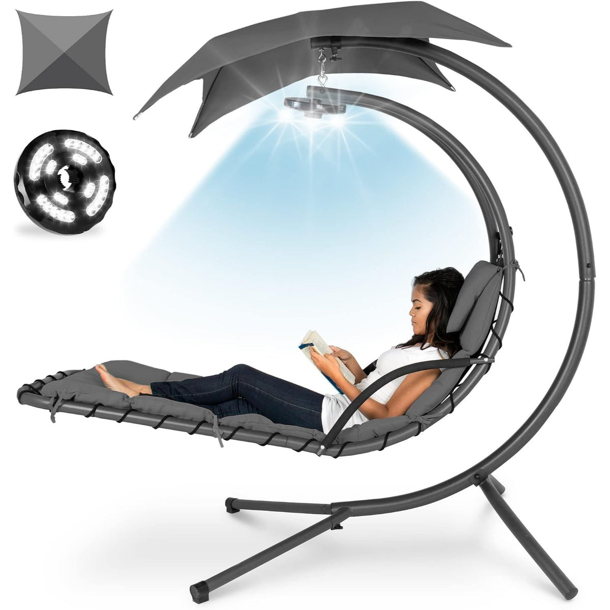 Hanging LED‑Lit Curved Chaise Swing Lounge Chair | Removable Canopy, Steel Stand, Teal