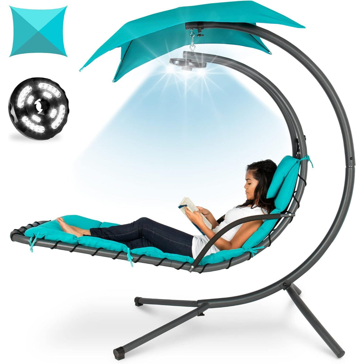 Hanging LED‑Lit Curved Chaise Swing Lounge Chair | Removable Canopy, Steel Stand, Teal