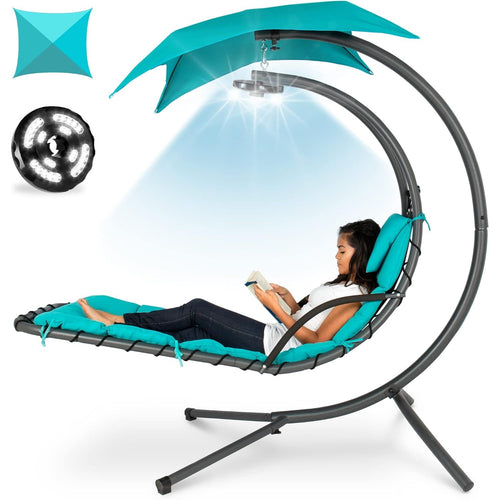Hanging LED‑Lit Curved Chaise Swing Lounge Chair | Removable Canopy, Steel Stand, Teal