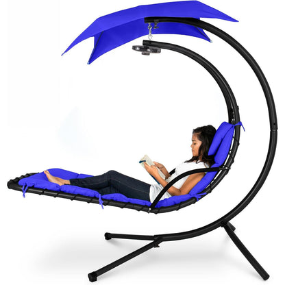 Hanging LED‑Lit Curved Chaise Swing Lounge Chair | Removable Canopy, Steel Stand, Teal